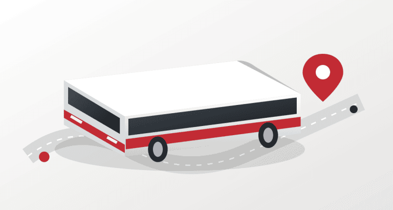 Original conceptual illustration of an unbranded white and red coach beside an itinerary path.