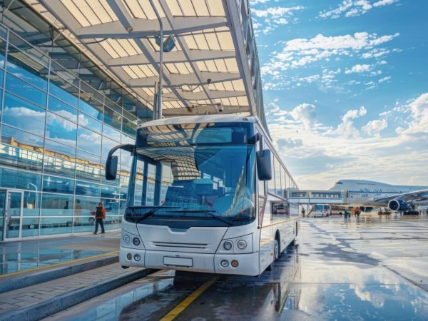 Airport transfer bus in Singapore providing private charter and group transportation at airport terminal