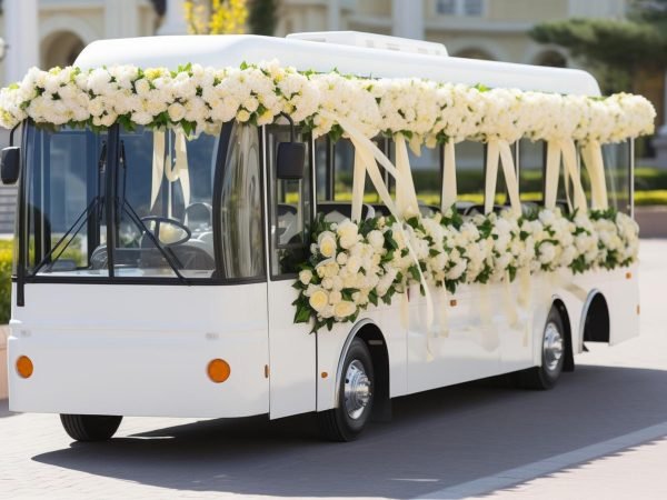 Modern bus charter image decorated with white flowers.